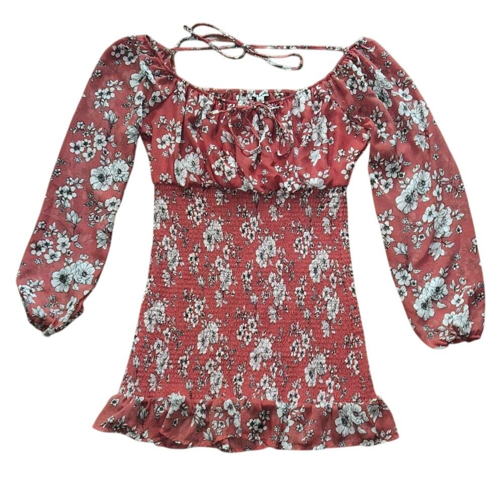 J for Justify Long Sleeve Ruched Bodice Peach Floral Chiffon Mini Dress XL